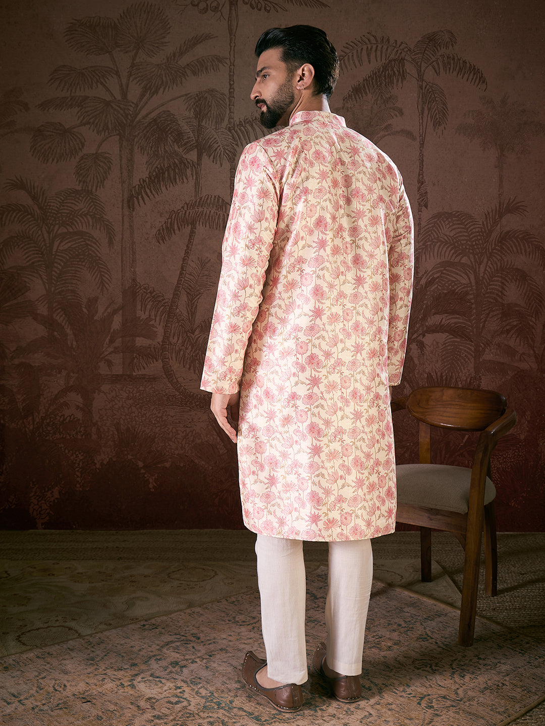 Ethnic Bay Men Off White Silk Blend Floral Printed Straight Kurta