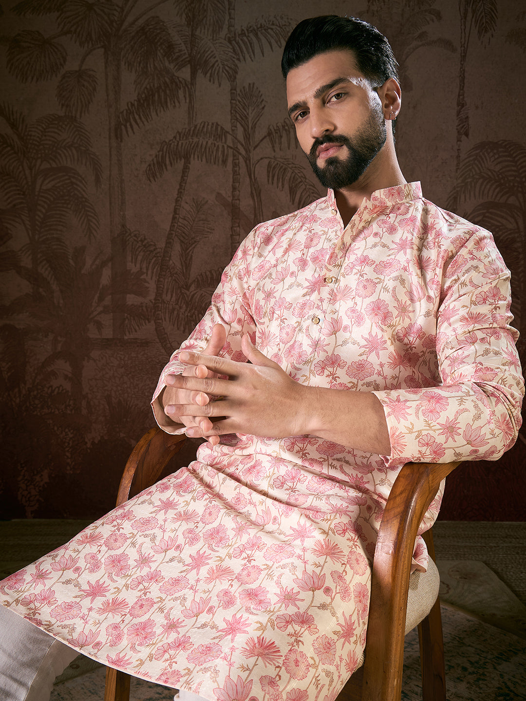 Ethnic Bay Men Off White Silk Blend Floral Printed Straight Kurta