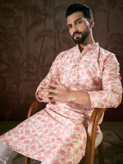 Ethnic Bay Men Off White Silk Blend Floral Printed Straight Kurta-MKU1908