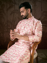 Ethnic Bay Men Off White Silk Blend Floral Printed Straight Kurta-MKU1908
