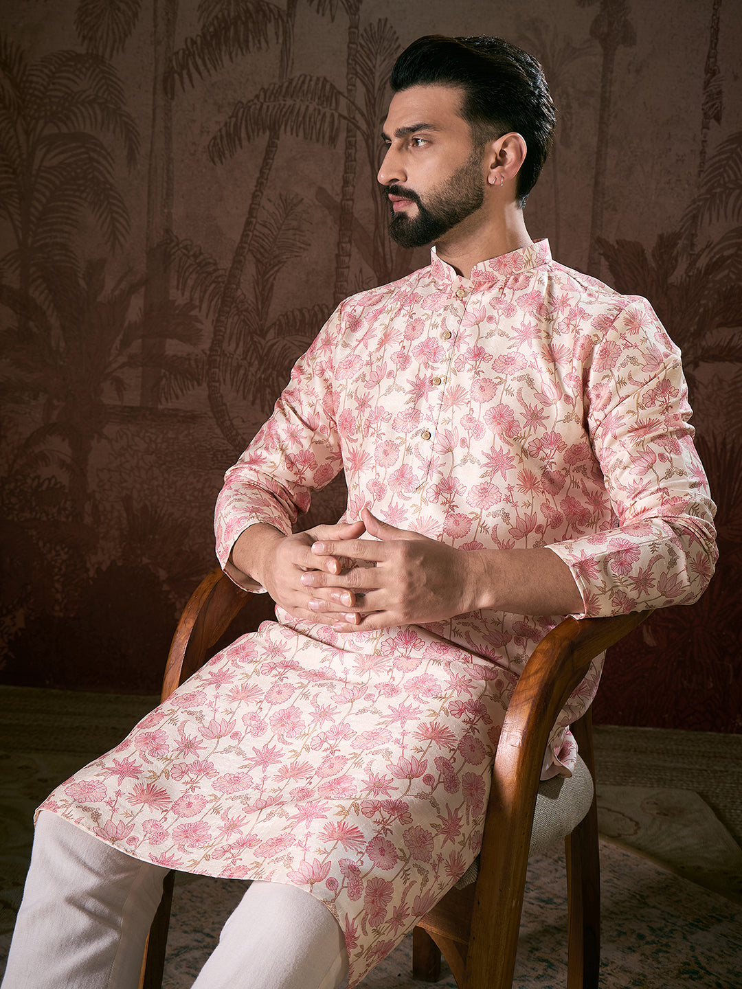 Ethnic Bay Men Off White Silk Blend Floral Printed Straight Kurta