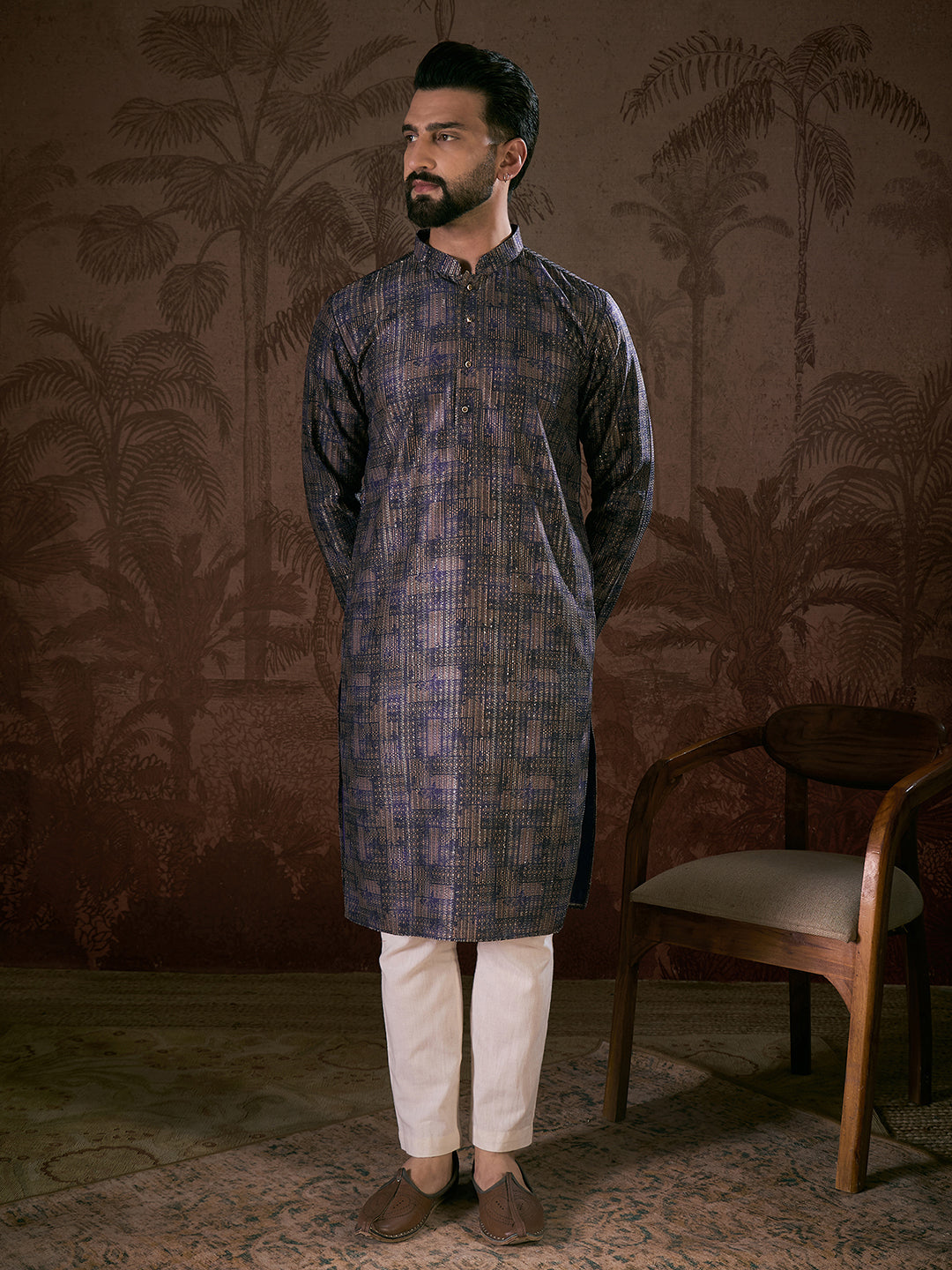Ethnic Bay Men Violet Silk Blend Abstract Printed Straight Kurta