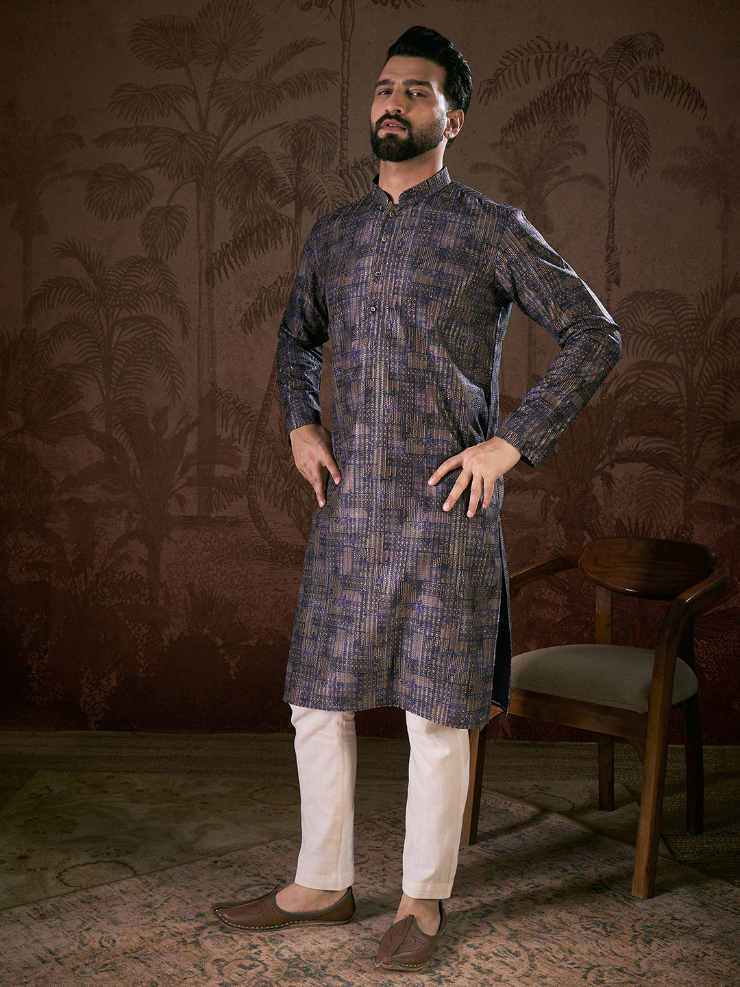 Ethnic Bay Men Violet Silk Blend Abstract Printed Straight Kurta