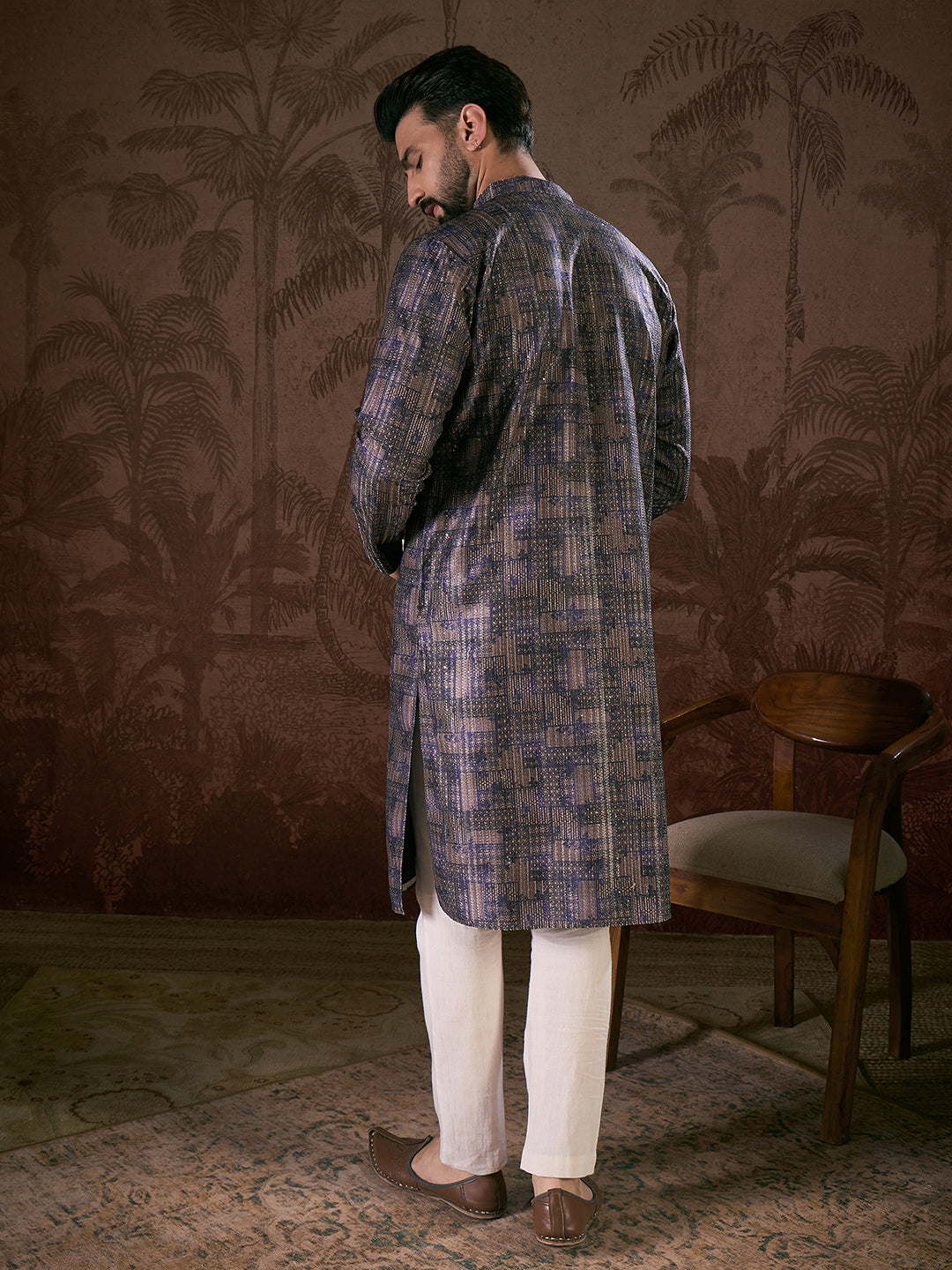 Ethnic Bay Men Violet Silk Blend Abstract Printed Straight Kurta