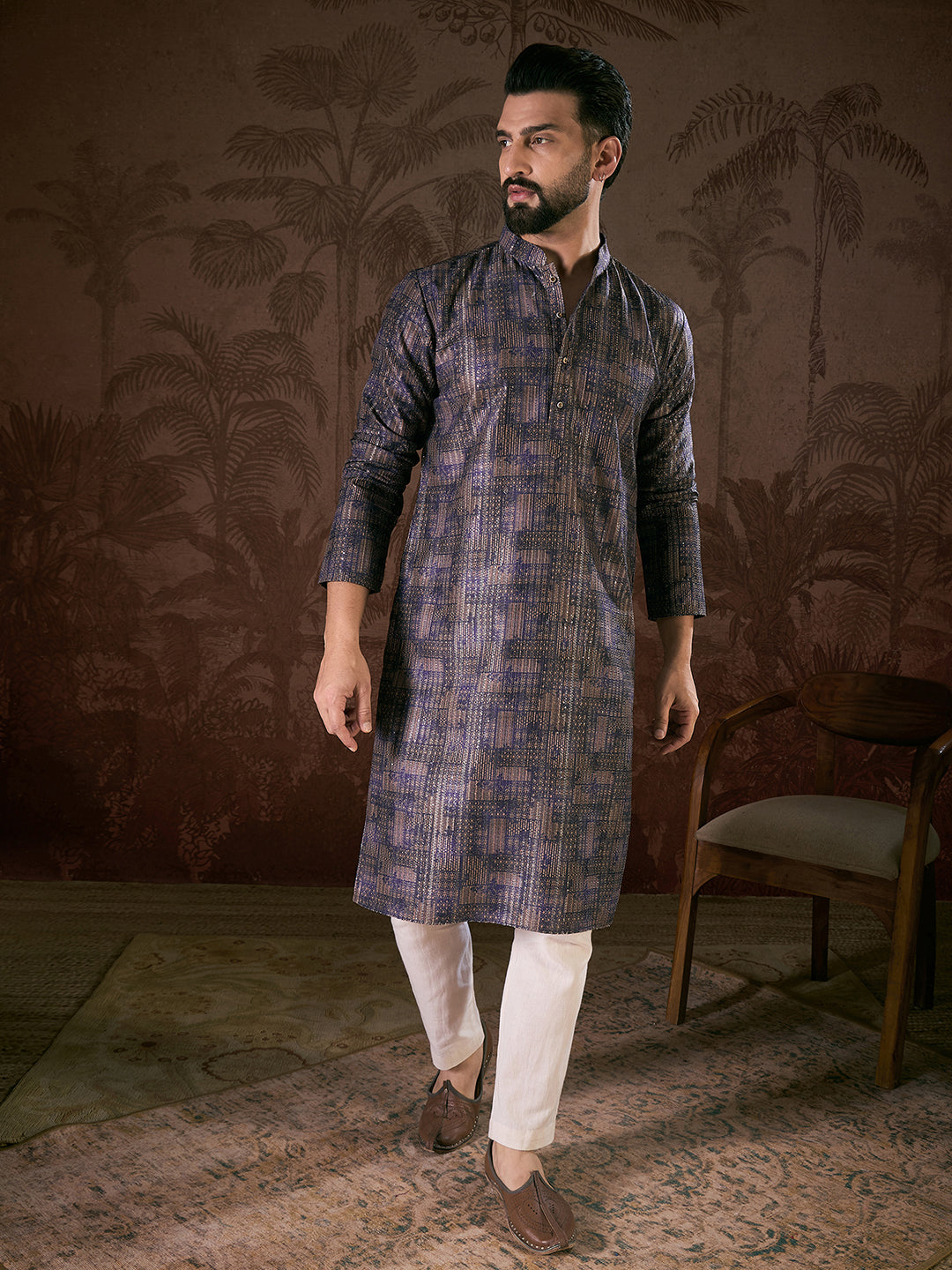 Ethnic Bay Men Violet Silk Blend Abstract Printed Straight Kurta
