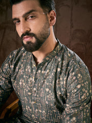 Ethnic Bay Men Olive Silk Blend Floral Printed Straight Kurta-MKU1911