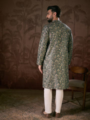 Ethnic Bay Men Olive Silk Blend Floral Printed Straight Kurta-MKU1911