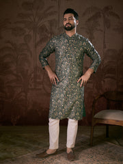 Ethnic Bay Men Olive Silk Blend Floral Printed Straight Kurta-MKU1911