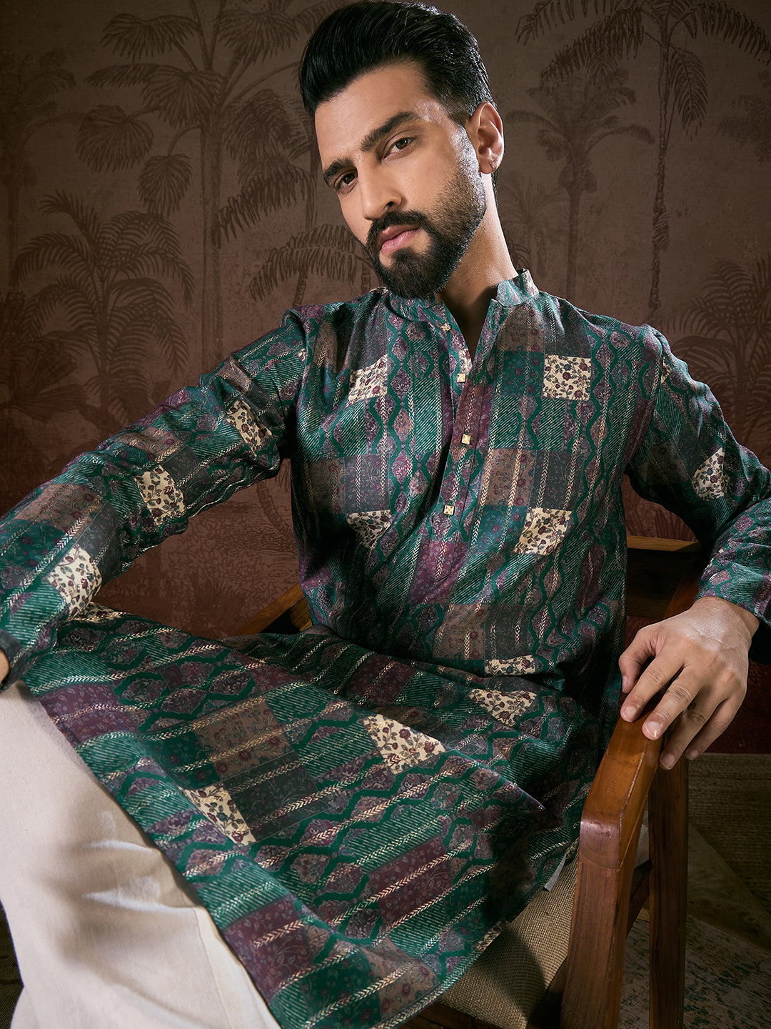 Ethnic Bay Men Sea Green Silk Blend Ethnic Motifs Printed Straight Kurta