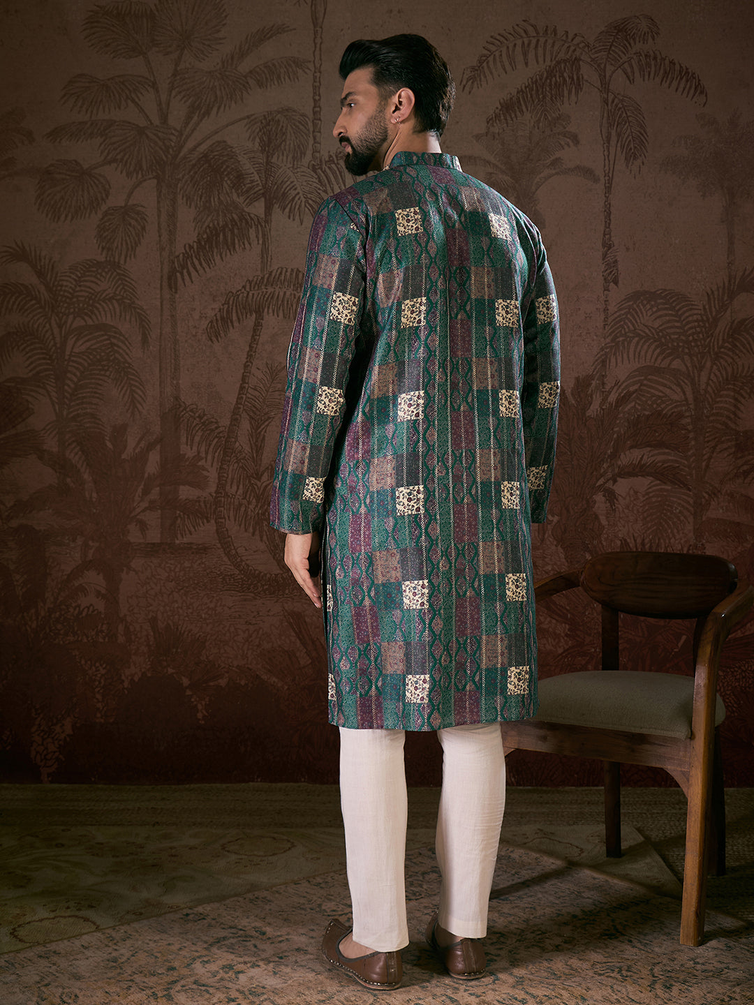 Ethnic Bay Men Sea Green Silk Blend Ethnic Motifs Printed Straight Kurta