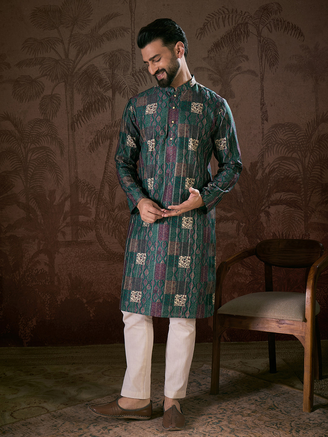 Ethnic Bay Men Sea Green Silk Blend Ethnic Motifs Printed Straight Kurta