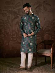 Ethnic Bay Men Sea Green Silk Blend Ethnic Motifs Printed Straight Kurta-MKU1913