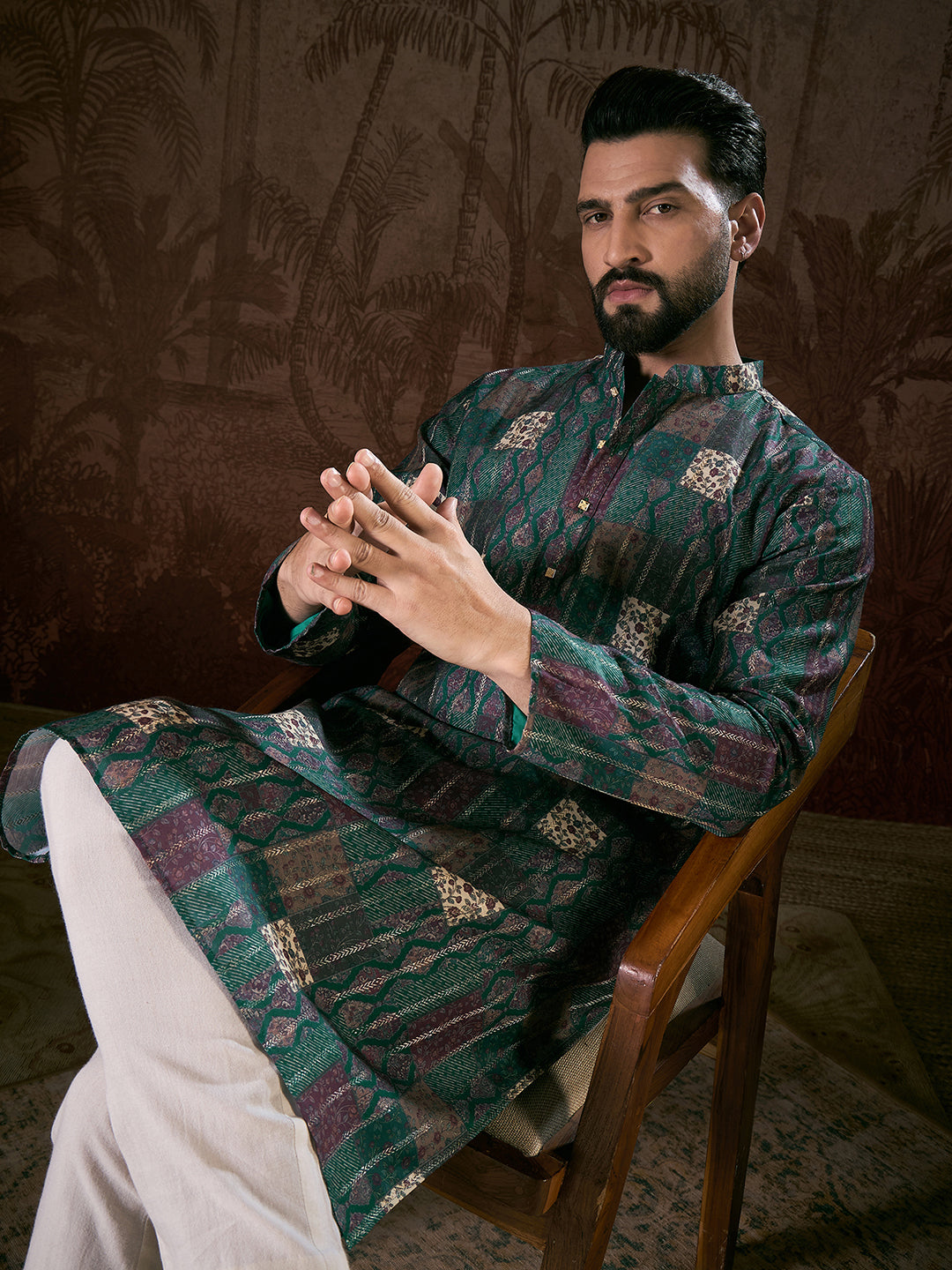 Ethnic Bay Men Sea Green Silk Blend Ethnic Motifs Printed Straight Kurta