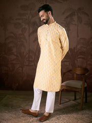 Ethnic Bay Men White Silk Blend Ethnic Motifs Printed Straight Kurta-MKU1914