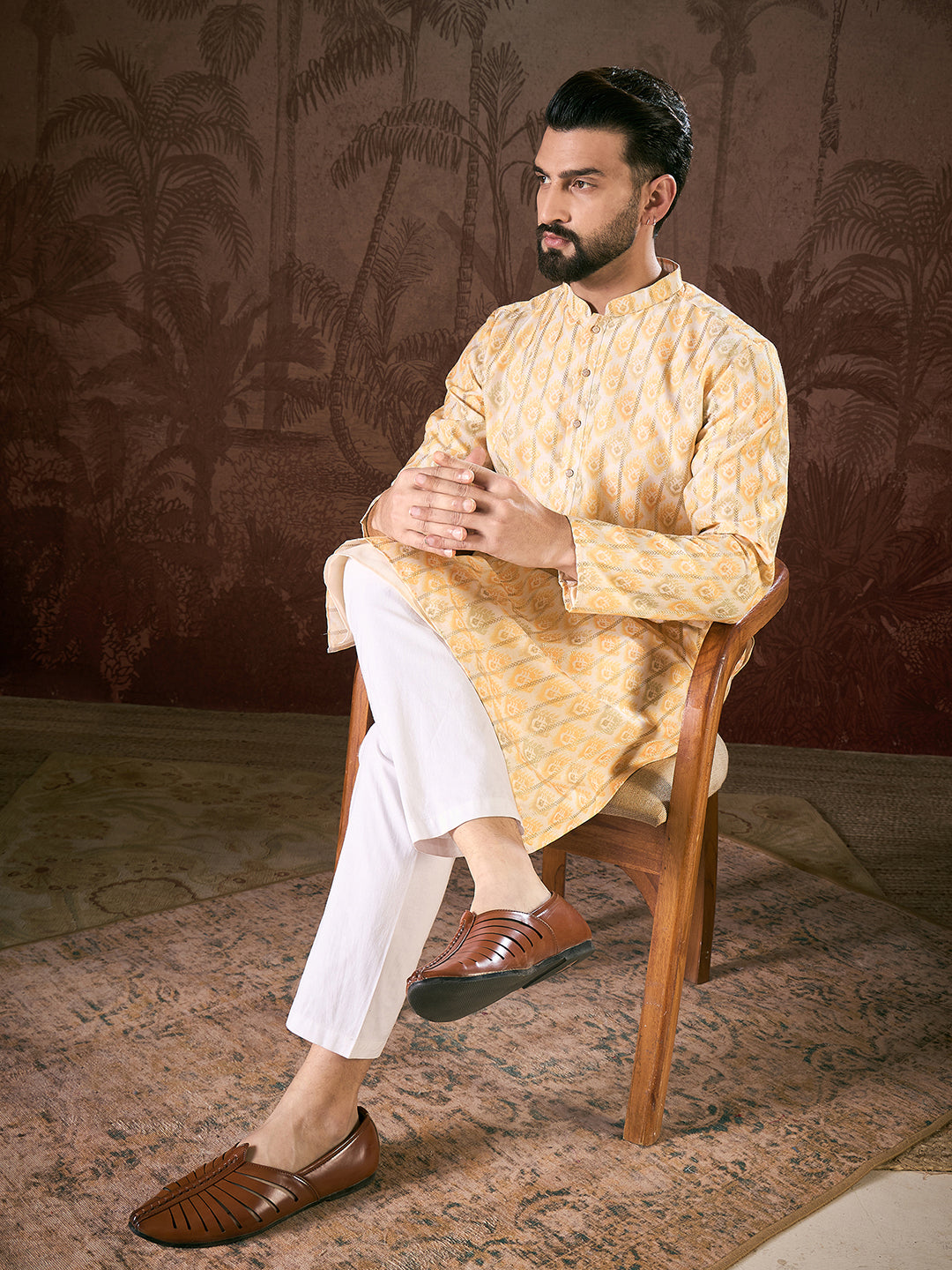 Ethnic Bay Men White Silk Blend Ethnic Motifs Printed Straight Kurta
