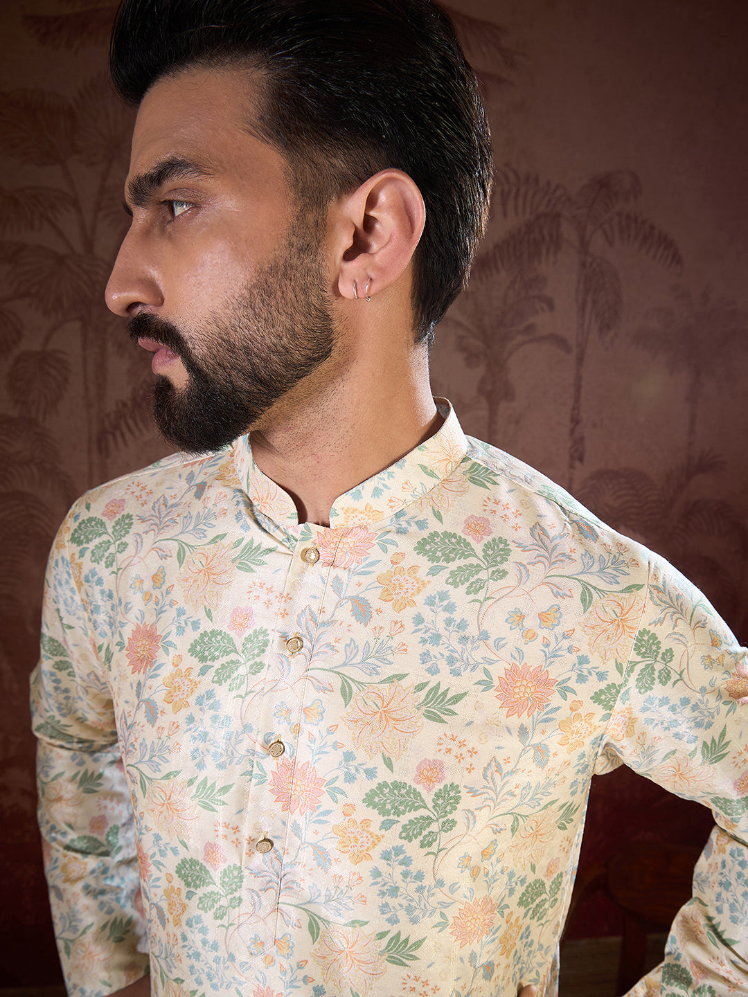 Ethnic Bay Men Off White Silk Blend Floral Printed Straight Kurta