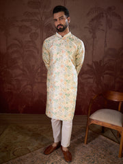 Ethnic Bay Men Off White Silk Blend Floral Printed Straight Kurta-MKU1915
