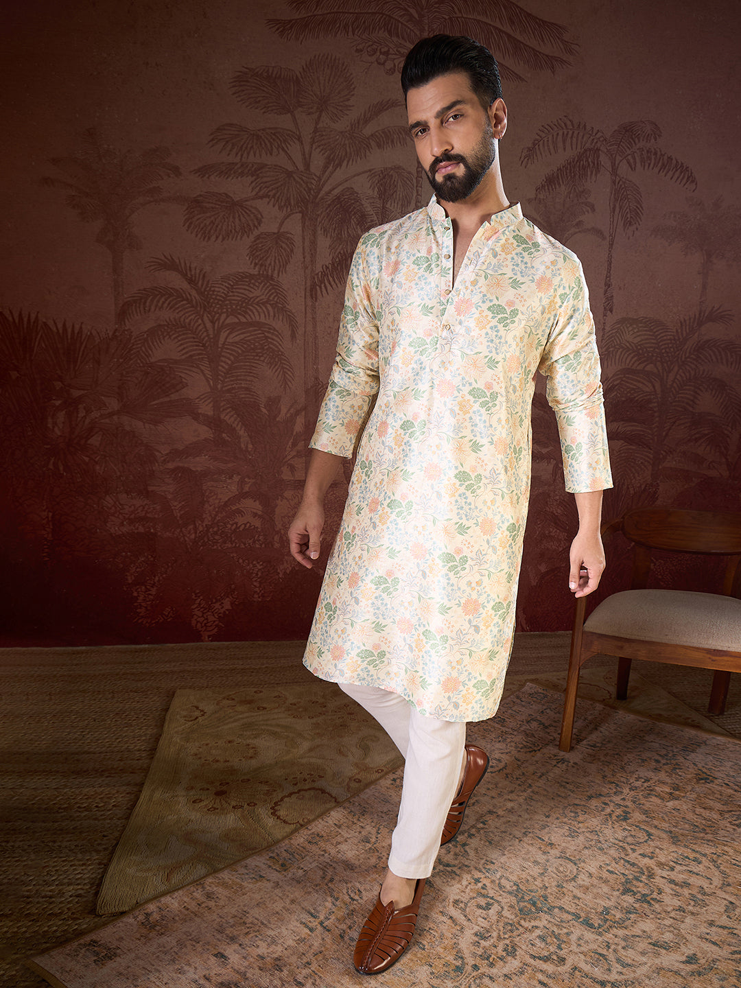 Ethnic Bay Men Off White Silk Blend Floral Printed Straight Kurta