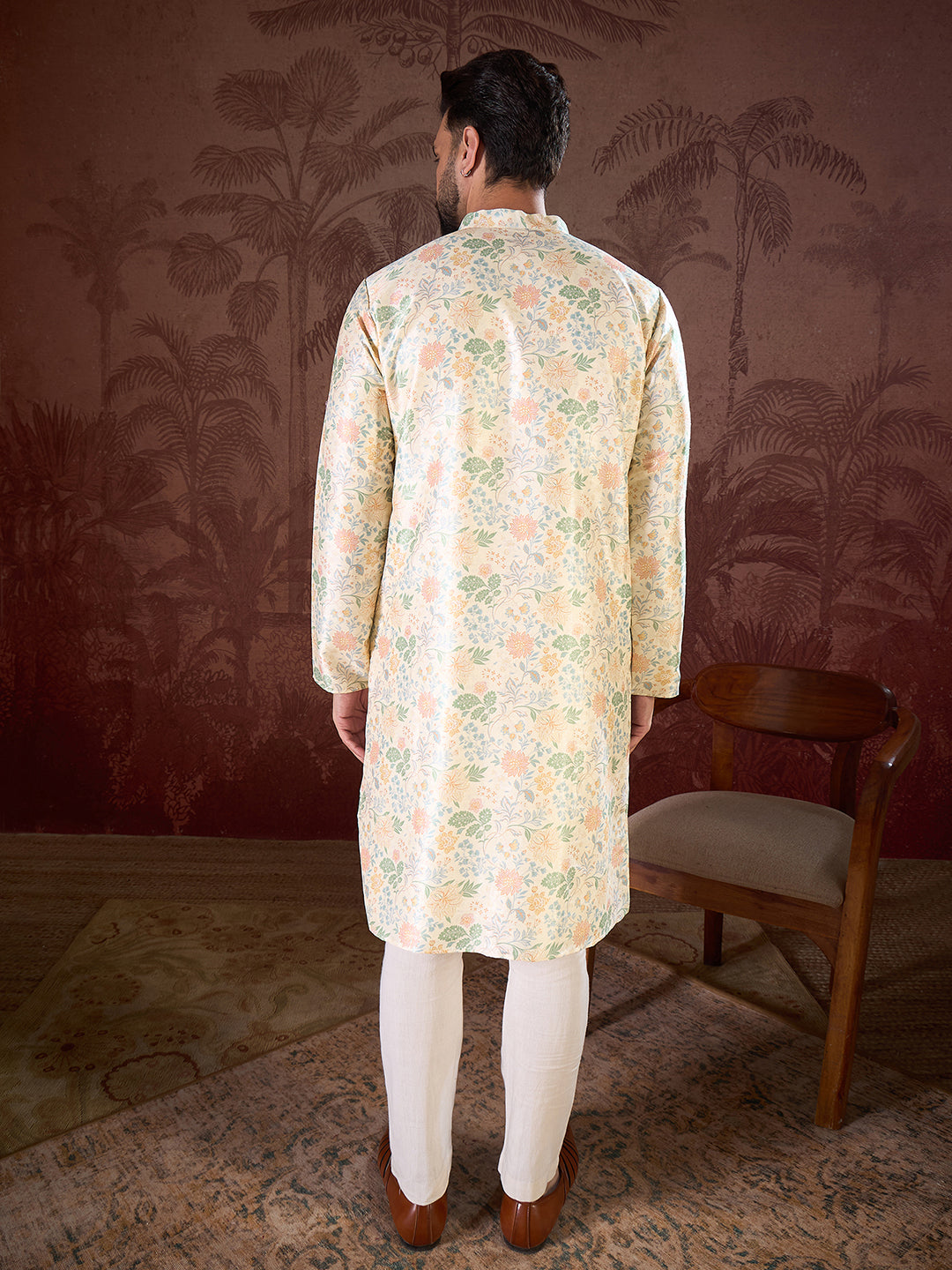 Ethnic Bay Men Off White Silk Blend Floral Printed Straight Kurta