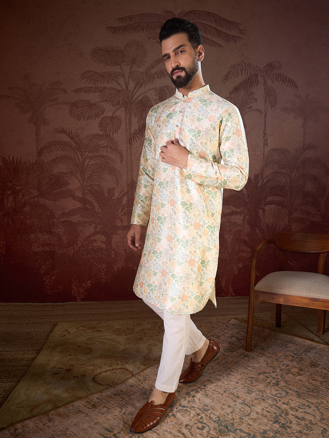 Ethnic Bay Men Off White Silk Blend Floral Printed Straight Kurta
