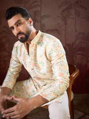 Ethnic Bay Men Off White Silk Blend Floral Printed Straight Kurta-MKU1915