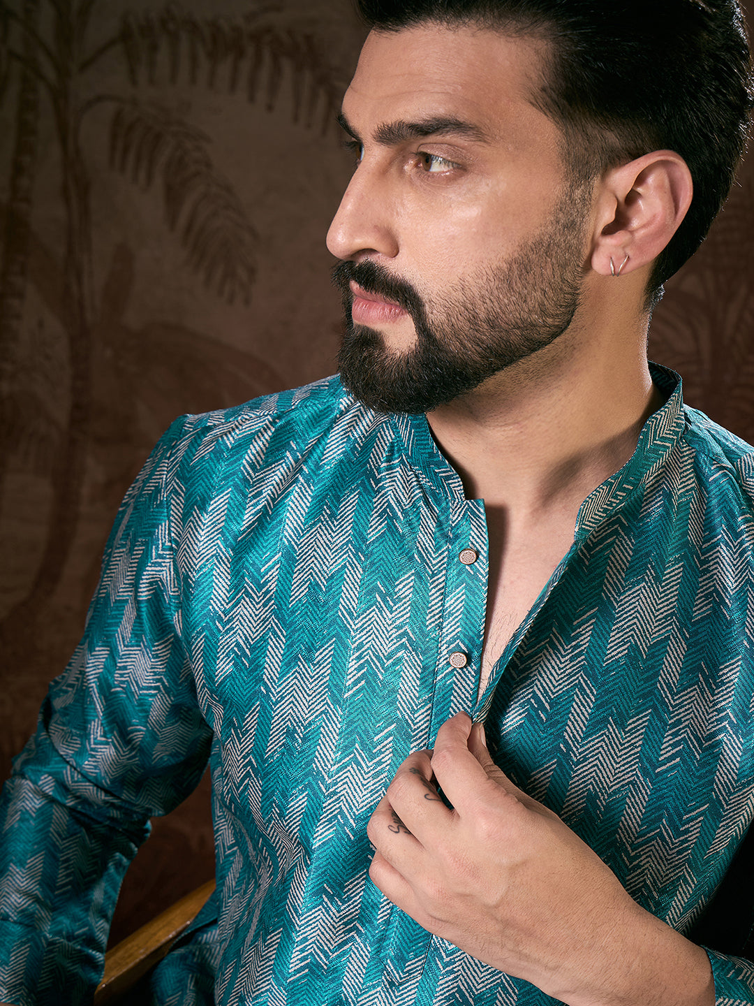 Ethnic Bay Men Turquoise Blue Silk Blend Chevron Printed Straight Kurta-MKU1916