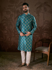 Ethnic Bay Men Turquoise Blue Silk Blend Chevron Printed Straight Kurta-MKU1916
