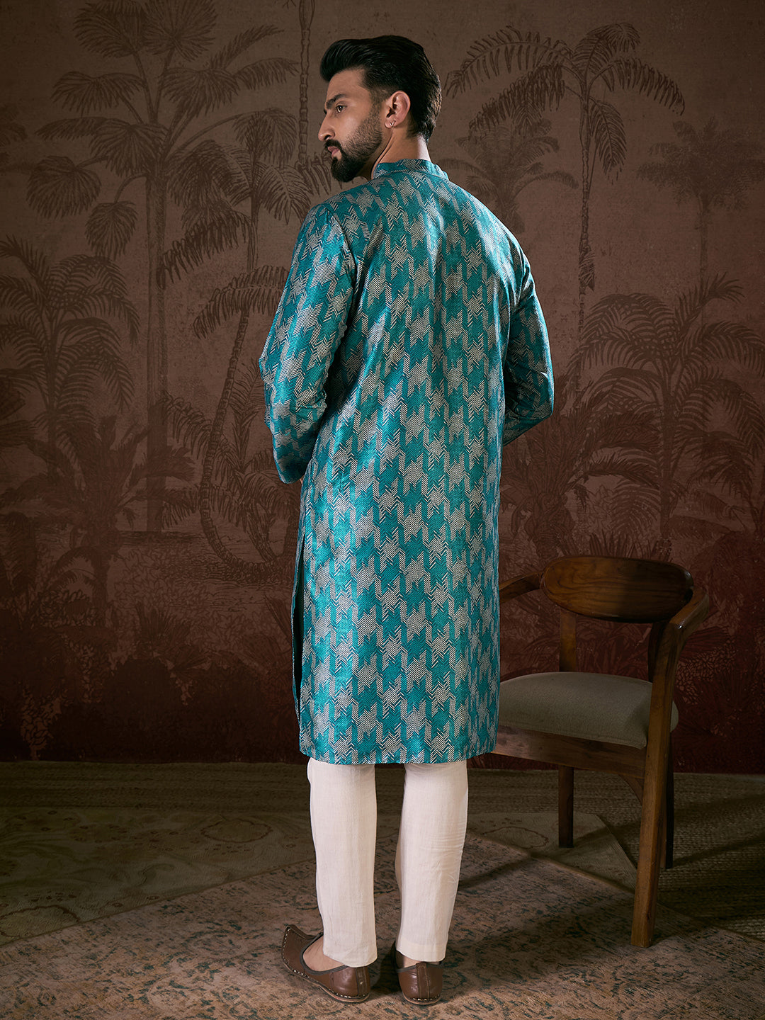 Ethnic Bay Men Turquoise Blue Silk Blend Chevron Printed Straight Kurta