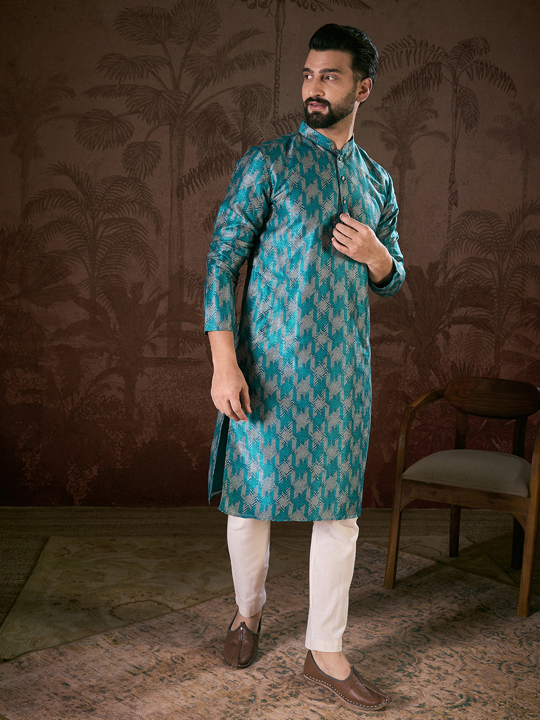 Ethnic Bay Men Turquoise Blue Silk Blend Chevron Printed Straight Kurta