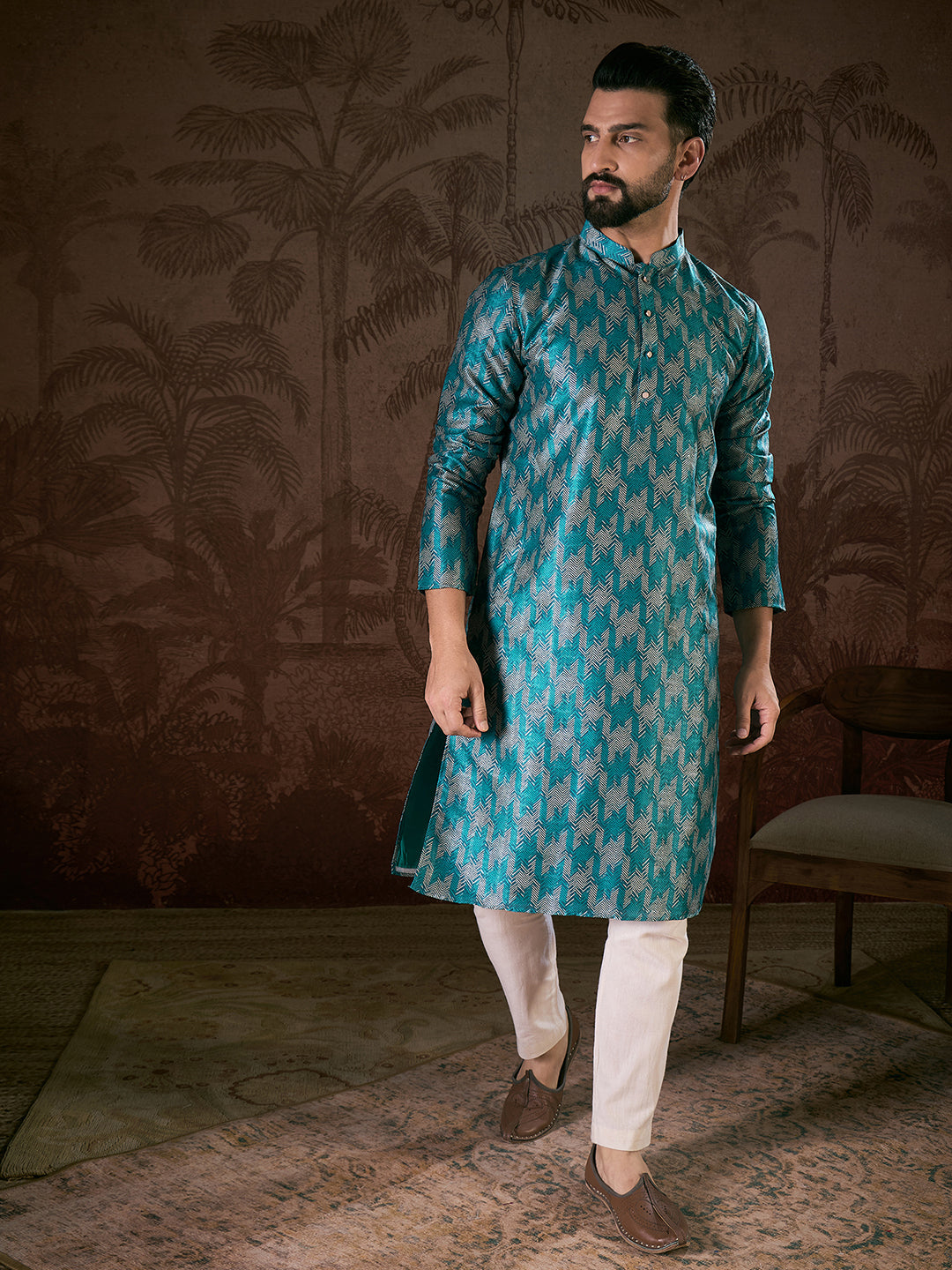 Ethnic Bay Men Turquoise Blue Silk Blend Chevron Printed Straight Kurta