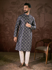 Ethnic Bay Men Violet Silk Blend Chevron Printed Straight Kurta-MKU1917