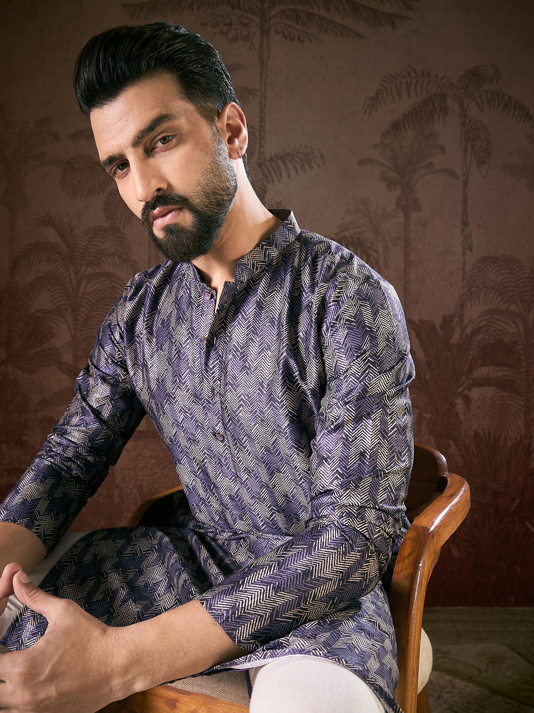 Ethnic Bay Men Violet Silk Blend Chevron Printed Straight Kurta