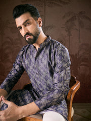 Ethnic Bay Men Violet Silk Blend Chevron Printed Straight Kurta-MKU1917