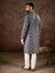 Ethnic Bay Men Violet Silk Blend Chevron Printed Straight Kurta-MKU1917