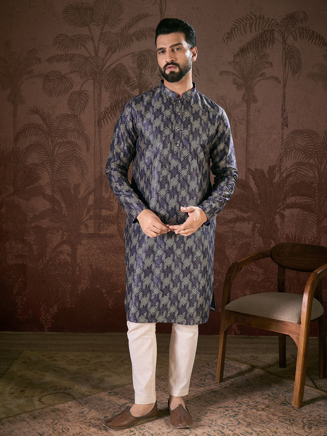 Ethnic Bay Men Violet Silk Blend Chevron Printed Straight Kurta