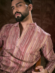 Ethnic Bay Men Mauve Silk Blend Floral Printed Straight Kurta-MKU1919