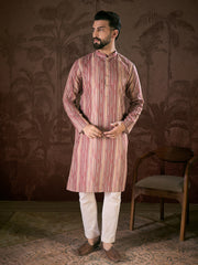 Ethnic Bay Men Mauve Silk Blend Floral Printed Straight Kurta-MKU1919