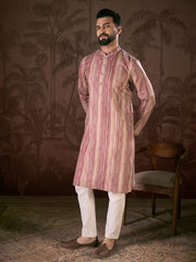 Ethnic Bay Men Mauve Silk Blend Floral Printed Straight Kurta-MKU1919