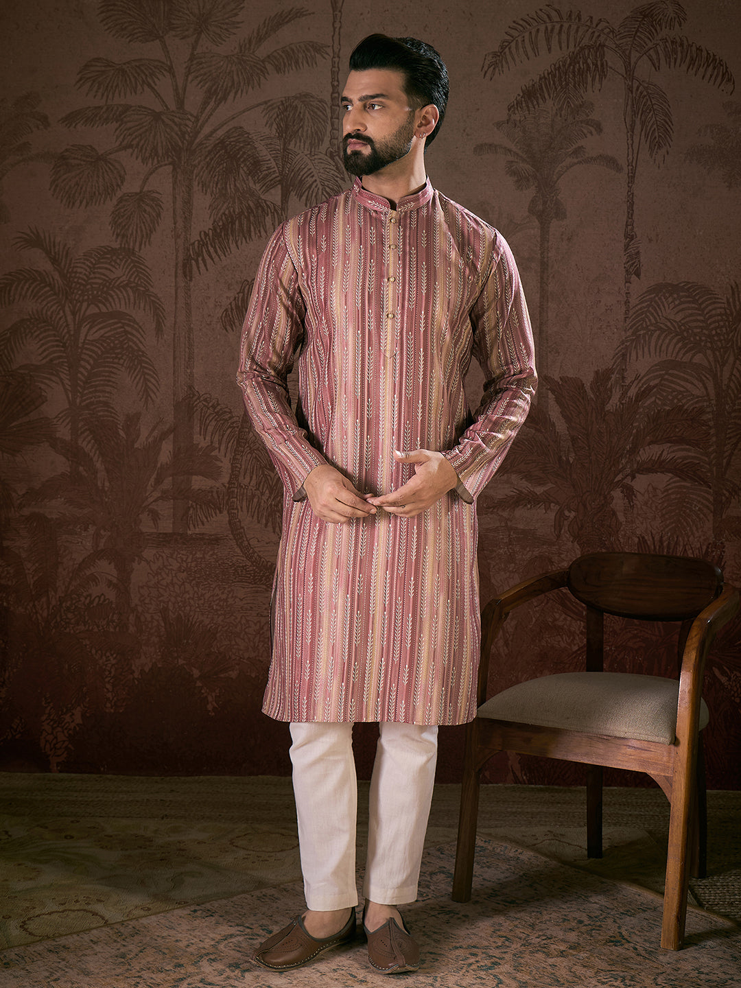Ethnic Bay Men Mauve Silk Blend Floral Printed Straight Kurta