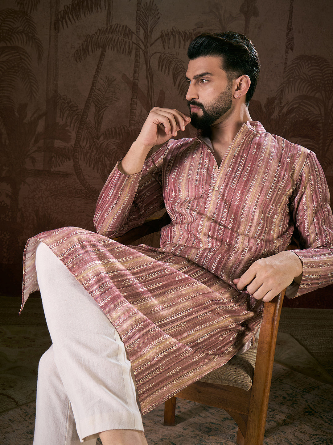 Ethnic Bay Men Mauve Silk Blend Floral Printed Straight Kurta