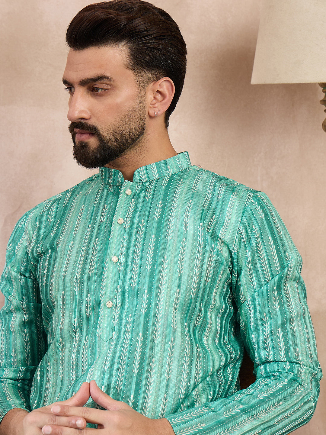 Ethnic Bay Men Green Silk Blend Floral Printed Straight Kurta