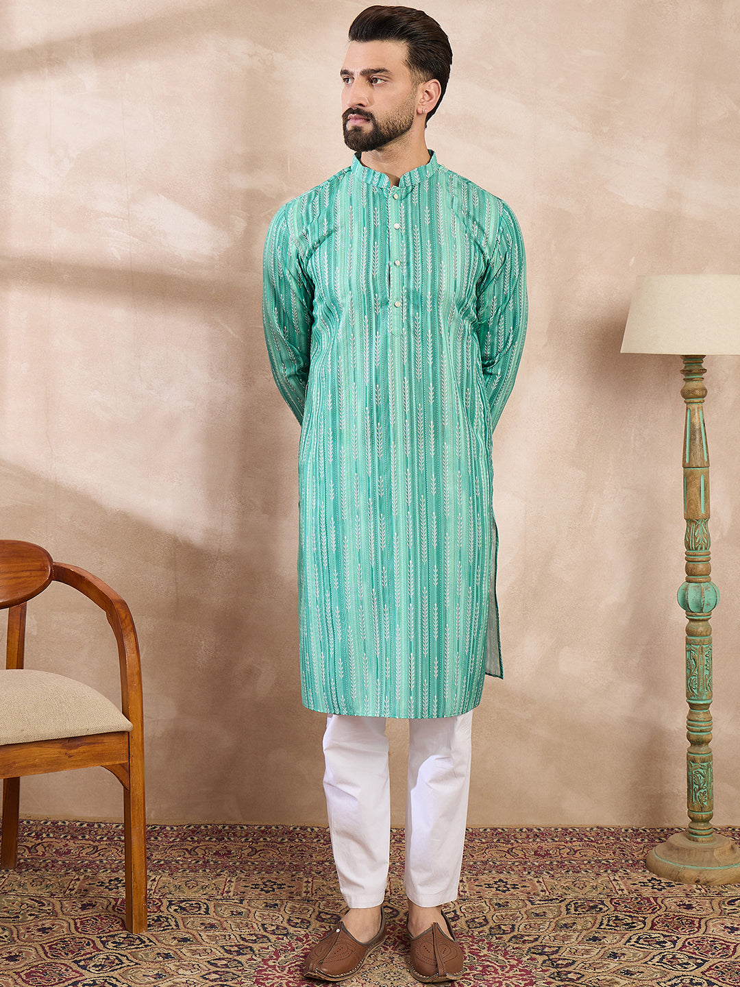 Ethnic Bay Men Green Silk Blend Floral Printed Straight Kurta