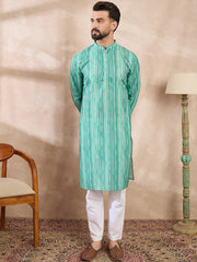 Ethnic Bay Men Green Silk Blend Floral Printed Straight Kurta-MKU1920