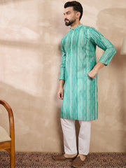 Ethnic Bay Men Green Silk Blend Floral Printed Straight Kurta-MKU1920
