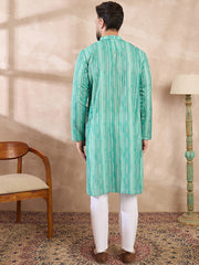 Ethnic Bay Men Green Silk Blend Floral Printed Straight Kurta-MKU1920