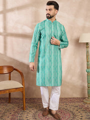 Ethnic Bay Men Green Silk Blend Floral Printed Straight Kurta-MKU1920