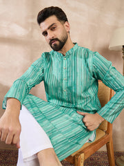 Ethnic Bay Men Green Silk Blend Floral Printed Straight Kurta-MKU1920