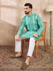 Ethnic Bay Men Green Silk Blend Floral Printed Straight Kurta-MKU1920