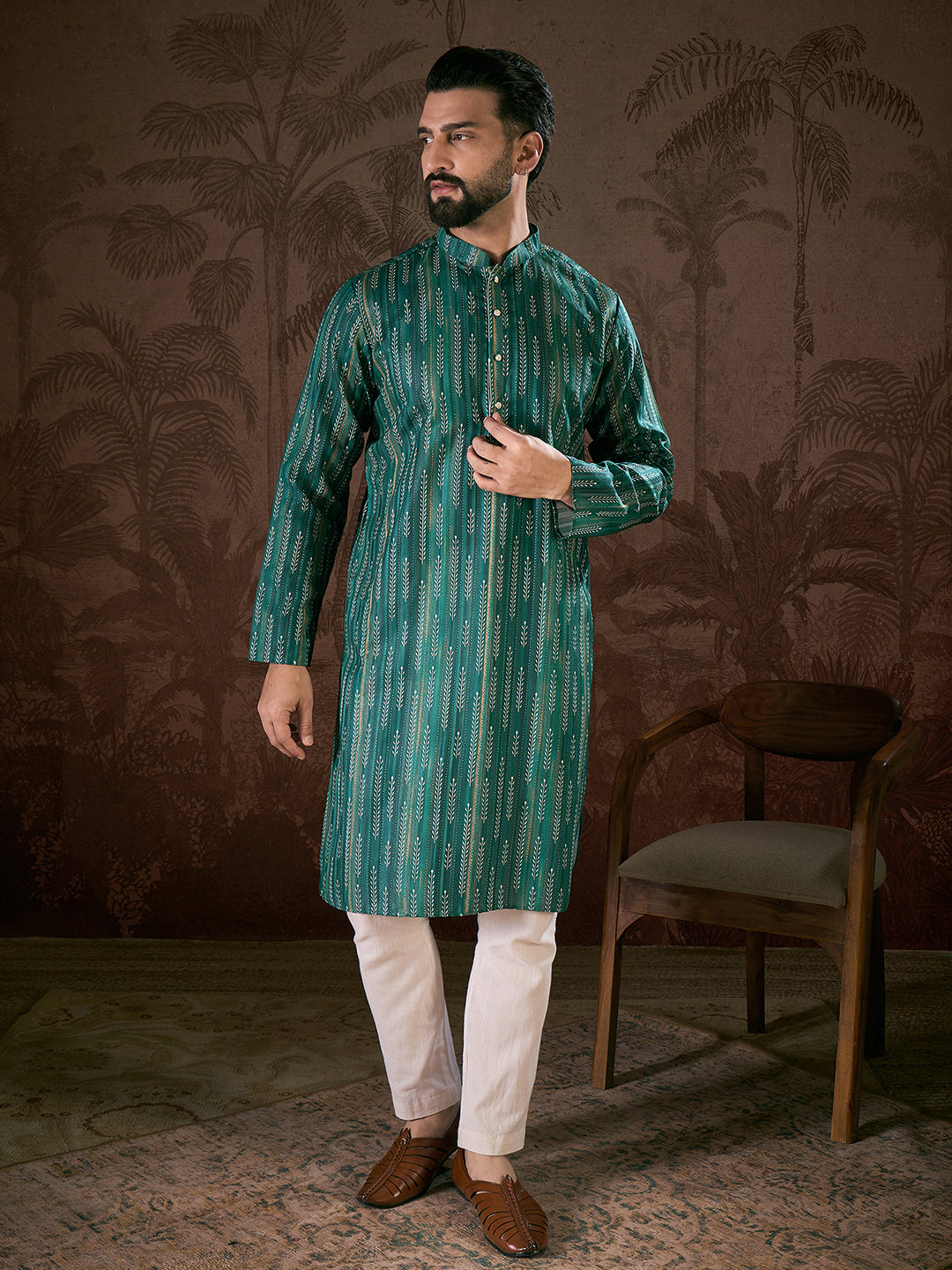 Ethnic Bay Men Turquoise Blue Silk Blend Floral Printed Straight Kurta