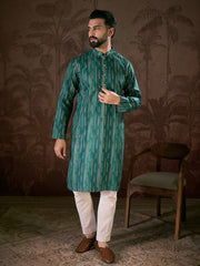 Ethnic Bay Men Turquoise Blue Silk Blend Floral Printed Straight Kurta-MKU1921